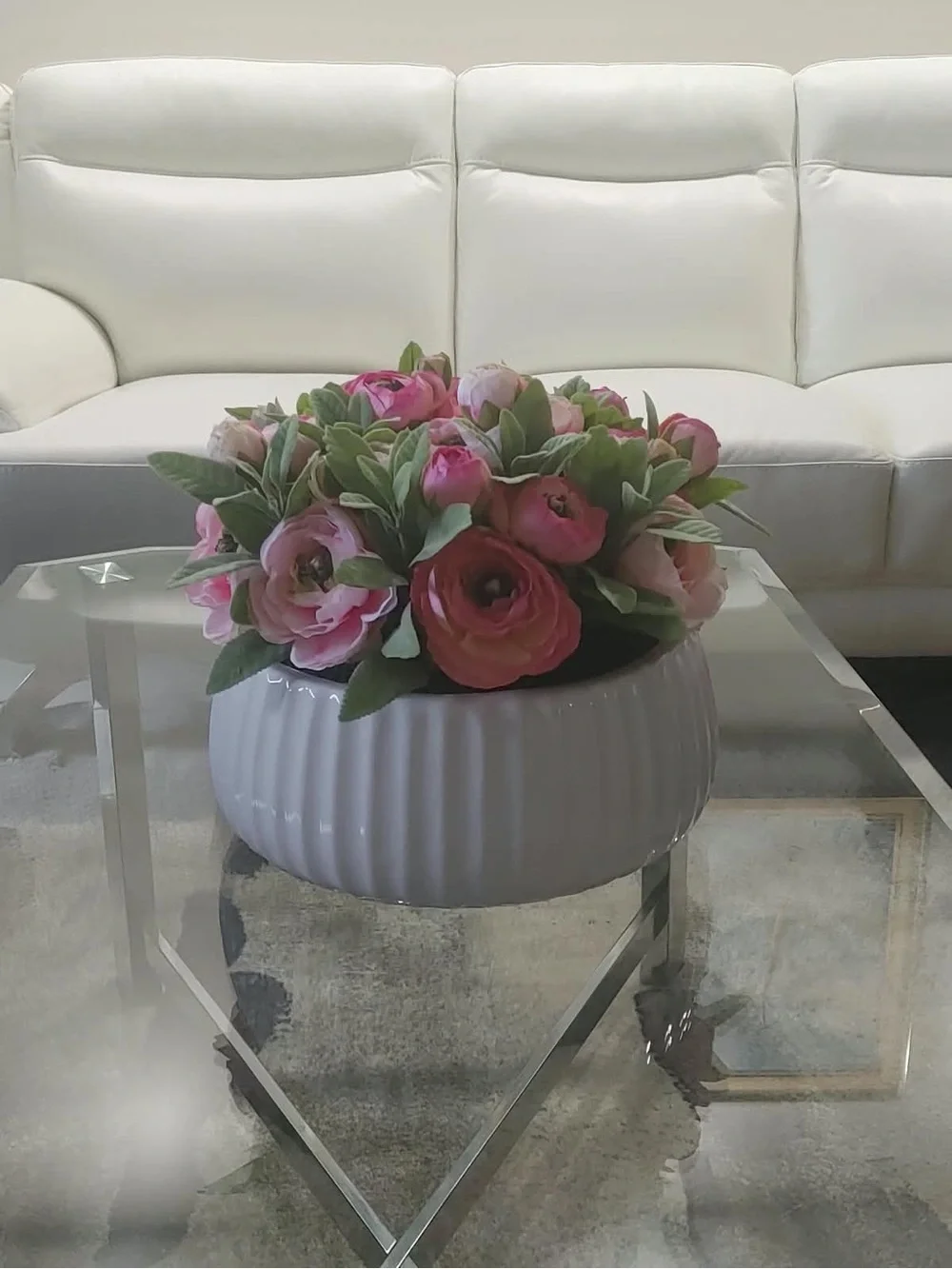 Artificial Pink Ranunculus Arrangement in White Ceramic Bowl - Home Accents